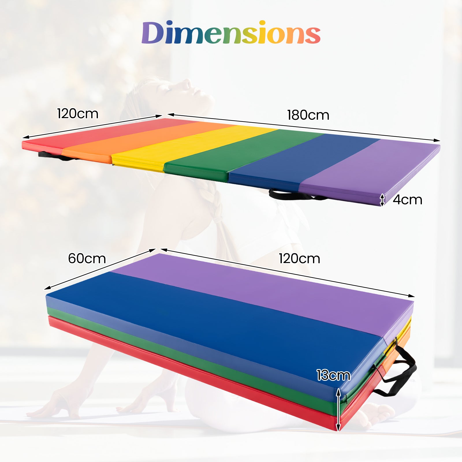 Gymnastics Mat Tri-Fold Thick Tumbling Mat with Hook and Loop Fasteners-Colourful